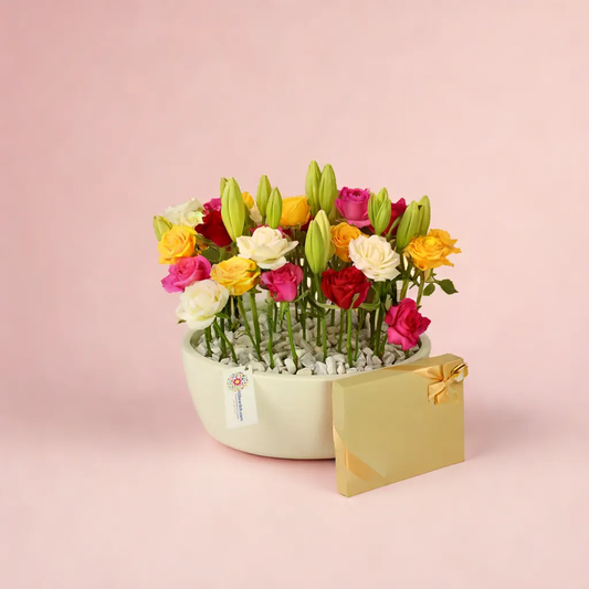 Luxury Roses & Lilies in White Pot