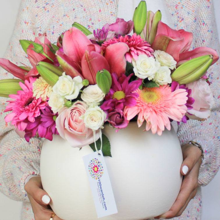 White Pot with Pink and Purple Flowers