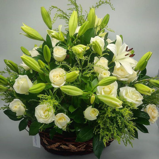 White Lillies and Roses in a Basket